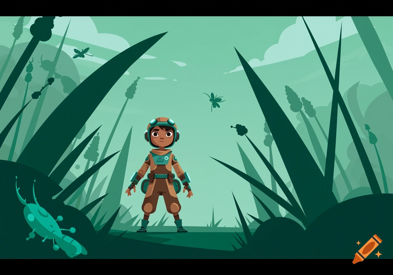 A stylized illustration of a small child in an explorer suit standing amidst giant plants and insects in a vibrant green jungle.