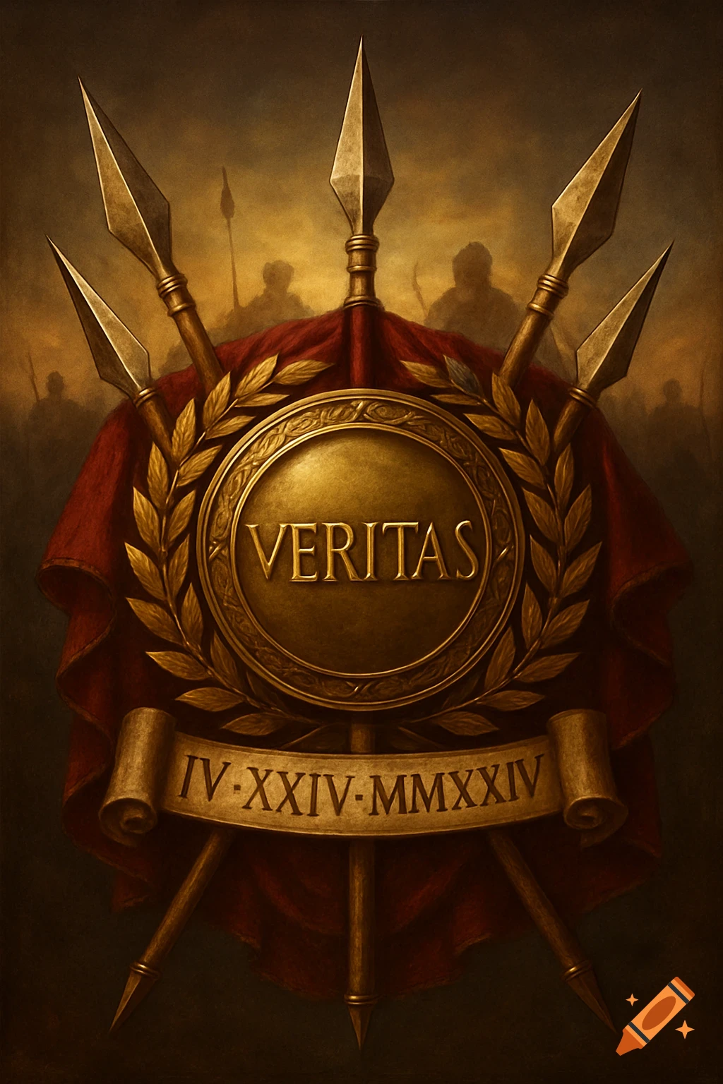 A detailed gold Roman sigil with the word "VERITAS" encircled by a laurel wreath, crossed by Roman spears. A banner below reads "IV-XXIV-MMXXIV", with silhouetted figures in the background.