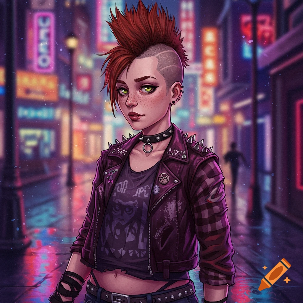 A stylized illustration of a punk woman with a red mohawk and shaved sides, wearing a spiked leather jacket and a graphic t-shirt, standing in a neon-lit city street at night.
