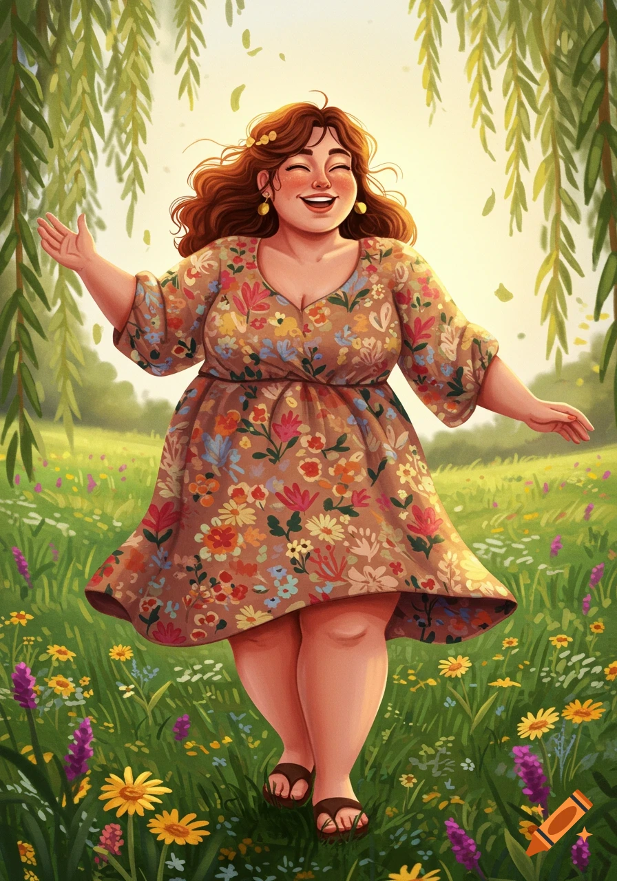 A joyful, curvy woman in a floral dress laughs with arms outstretched in a bright, flower-filled meadow under willow trees, in an illustrative style.