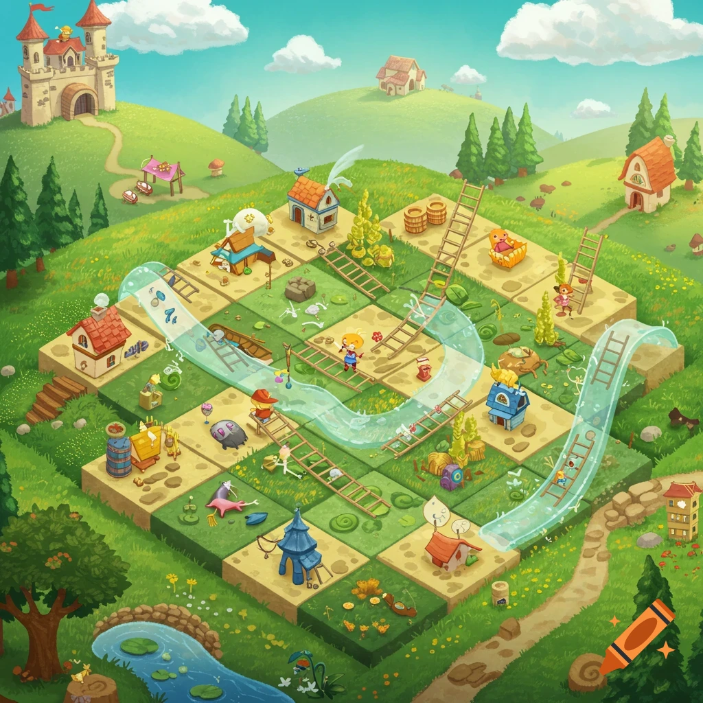 An isometric, colorful cartoon game board resembling Chutes and Ladders, with a castle, houses, trees, and winding paths.