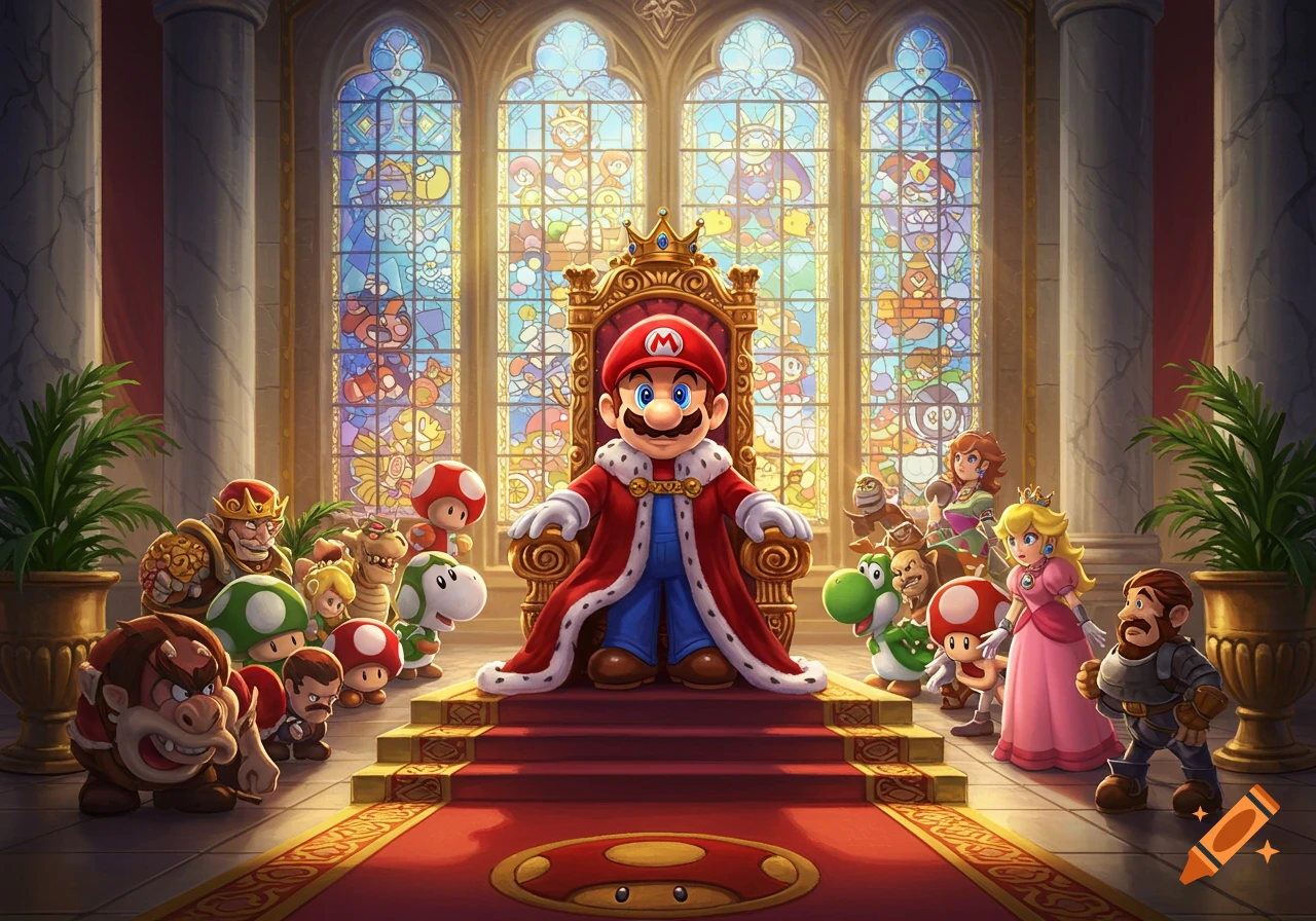 King Mario sits on a golden throne in a grand hall with stained glass windows, surrounded by Princess Peach, Yoshi, Toad, and other characters.