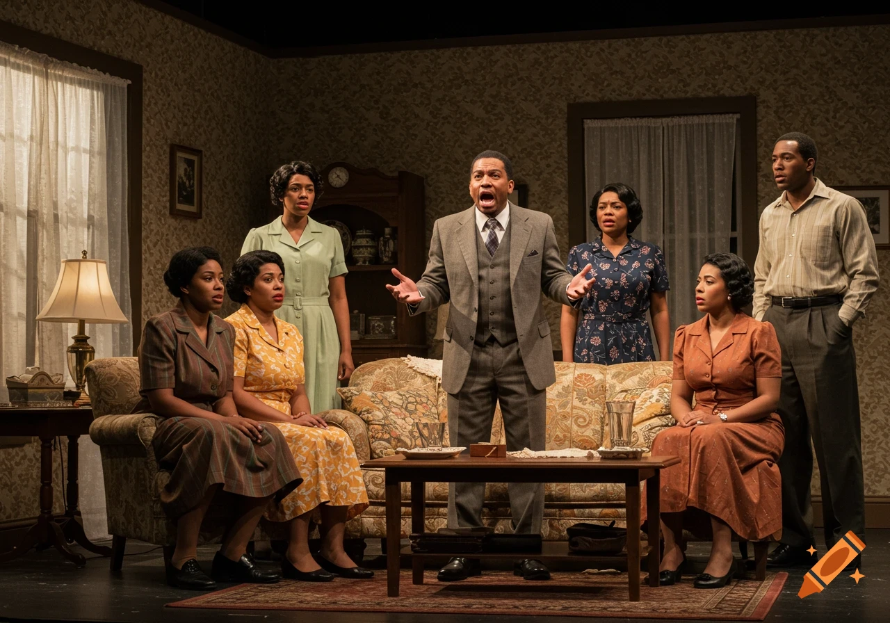 Six Black actors perform a scene on a stage, a man gestures while others watch in a 1950s living room set.