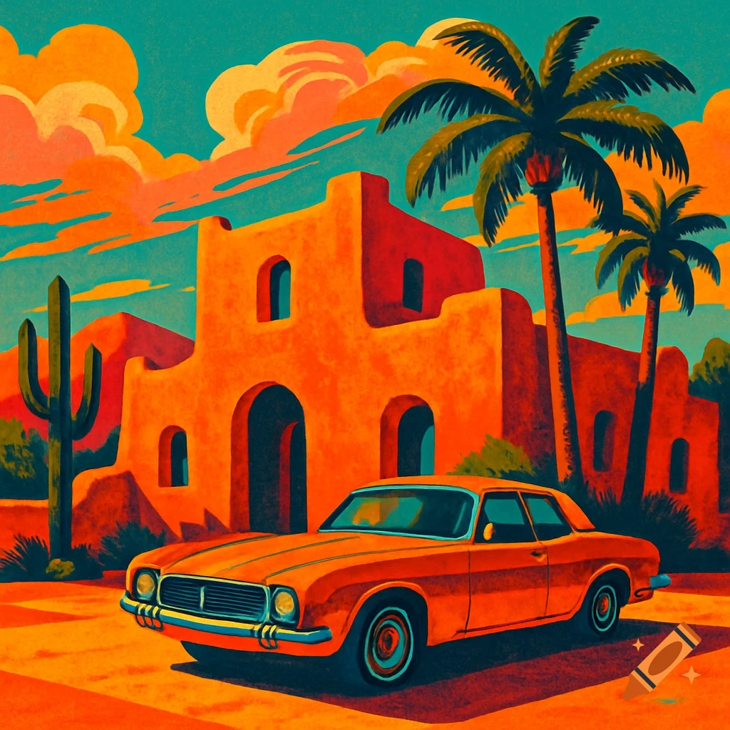 A vibrant, 70s-style print of an orange car parked in front of an adobe building with palm trees and a saguaro cactus.