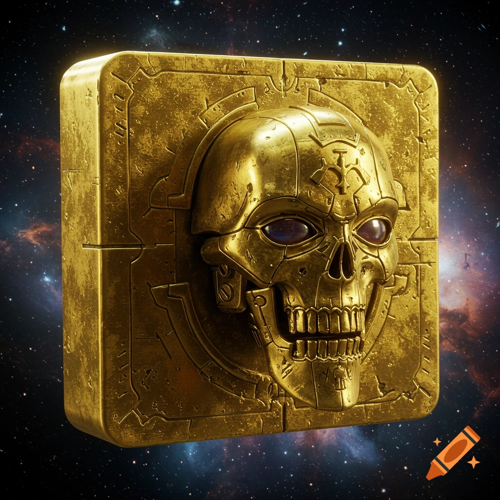 A hyperrealistic golden metallic skull embedded in a square block, floating in space.