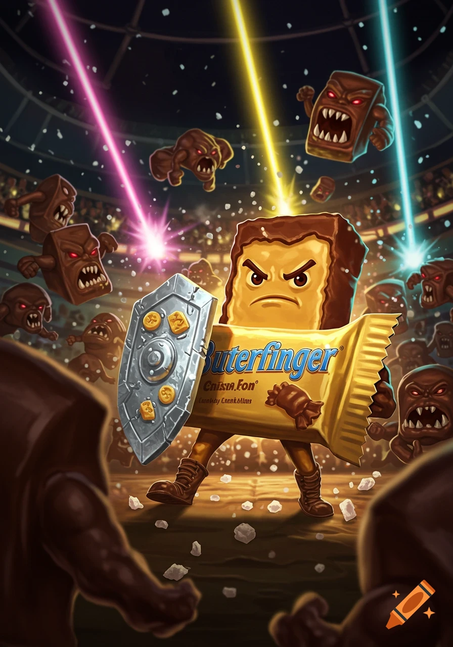 A cartoon Butterfinger character with a shield battles multiple brown candy monsters in a dark arena with laser beams.