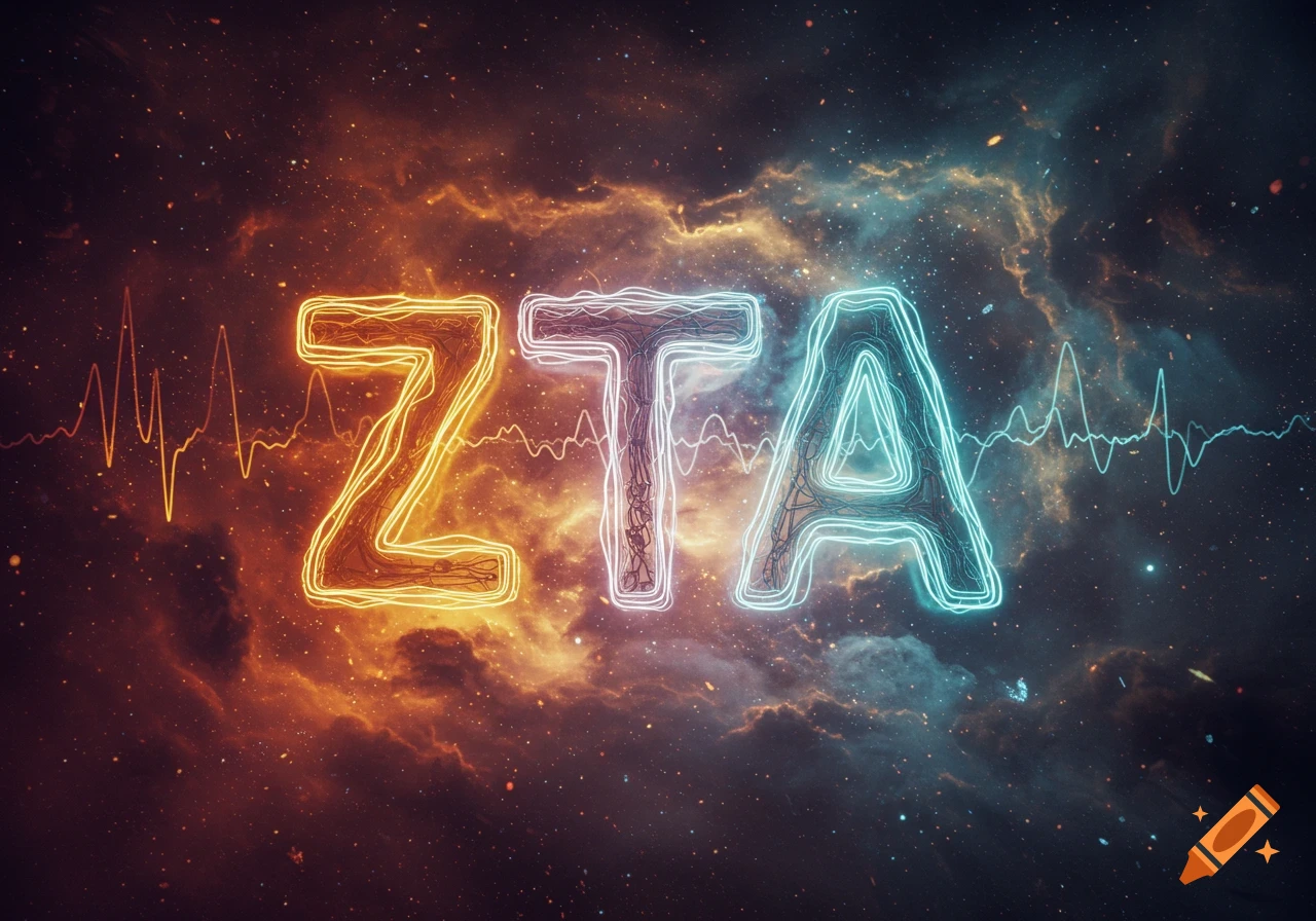 Stylized glowing ZTA letters, orange and blue, against a cosmic nebula and star background with waveform lines.