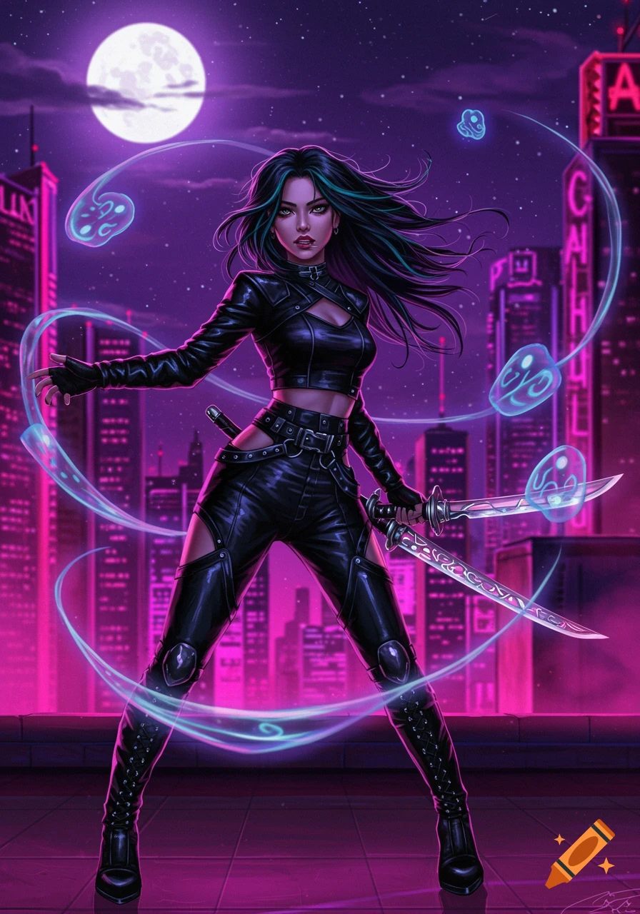 A female character in black leather stands on a rooftop with two swords, surrounded by neon lights and a full moon in a cyberpunk city.