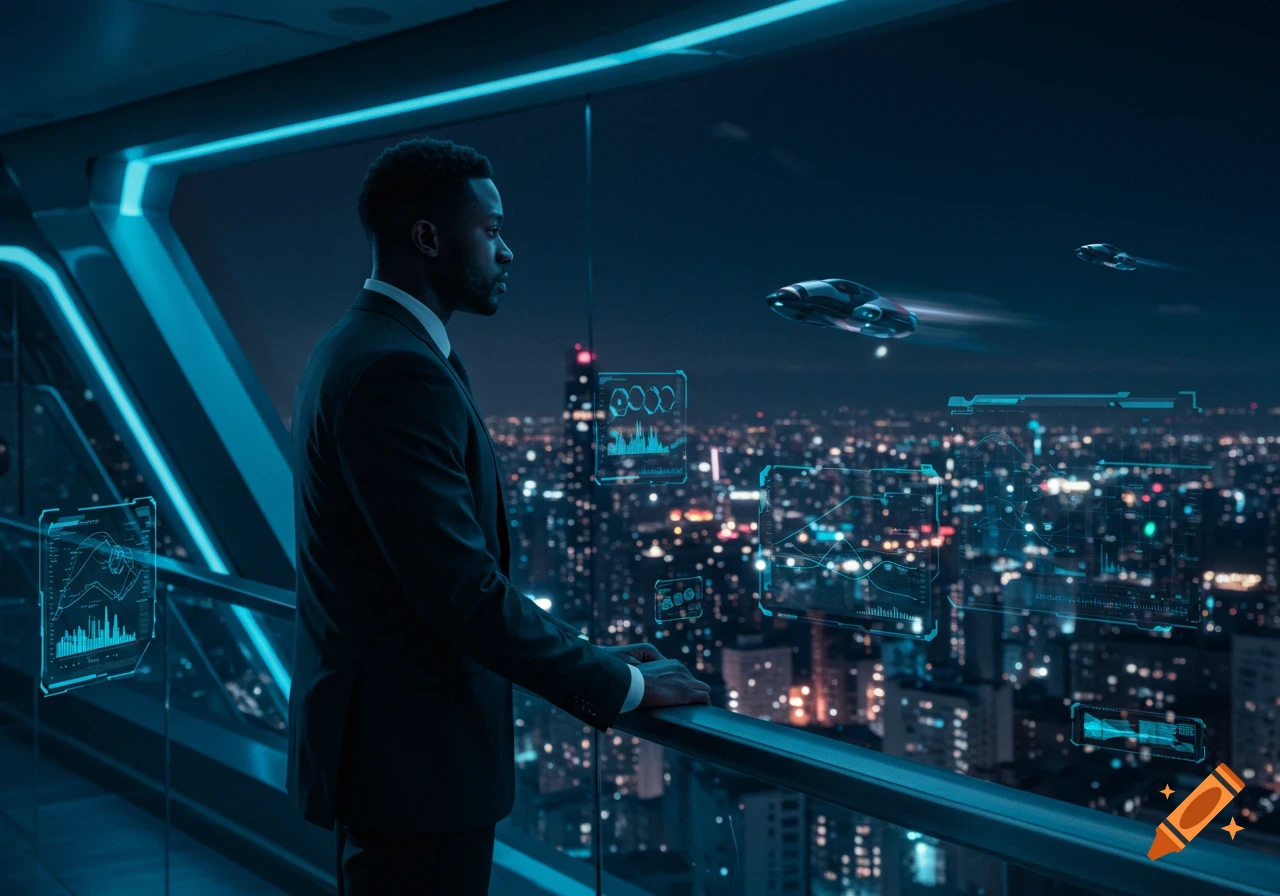 A man in a suit looks out from a high-rise balcony over a neon-lit futuristic city with flying cars and holographic data displays at night.