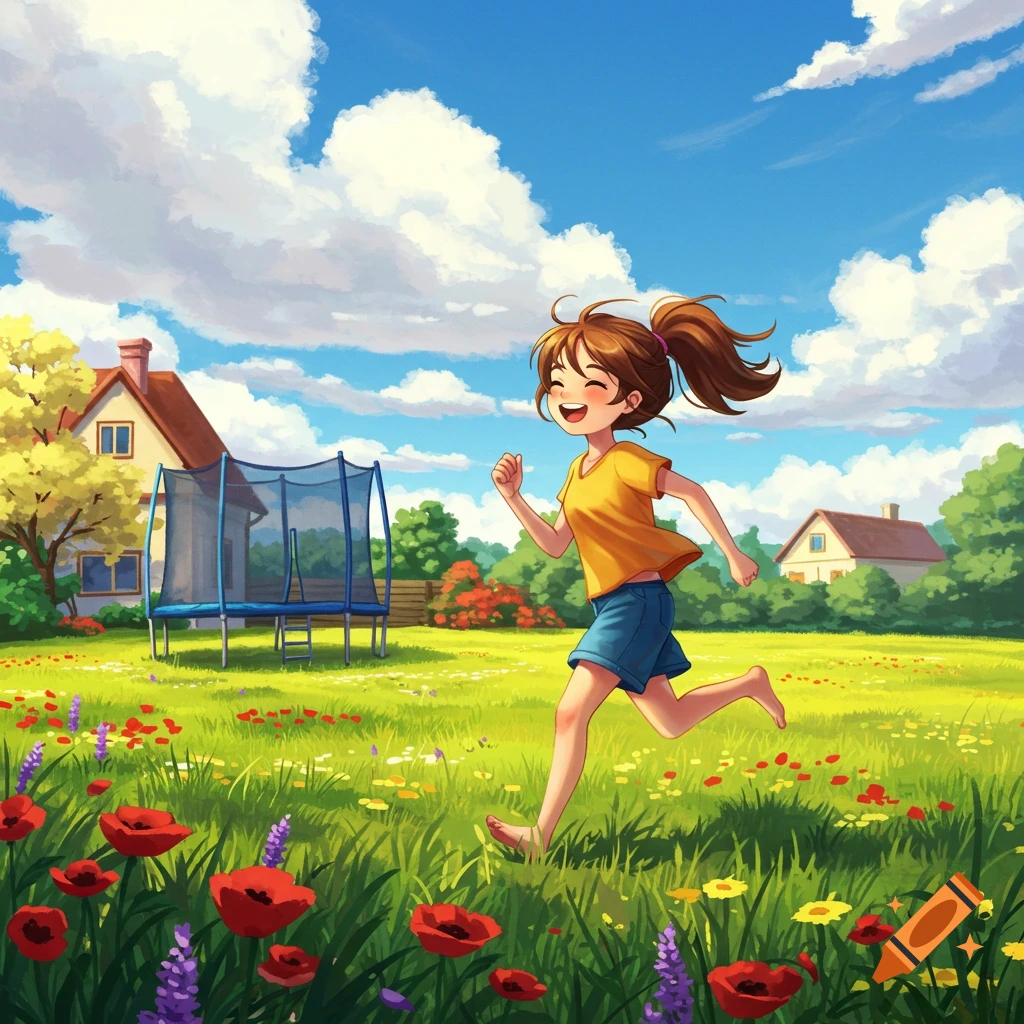 A happy cartoon girl runs barefoot through a sunny green field filled with red and purple flowers, with houses and a trampoline in the background under a blue sky.