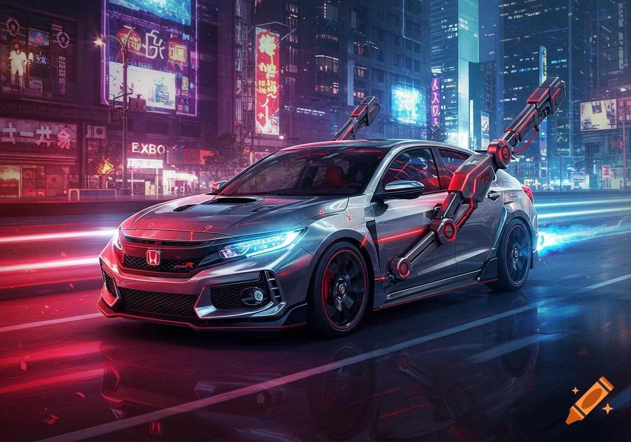 A silver Honda Civic Type R modified with red and black mechanical arms, glowing blue headlights, on a neon-lit street in a futuristic cyberpunk city at night.