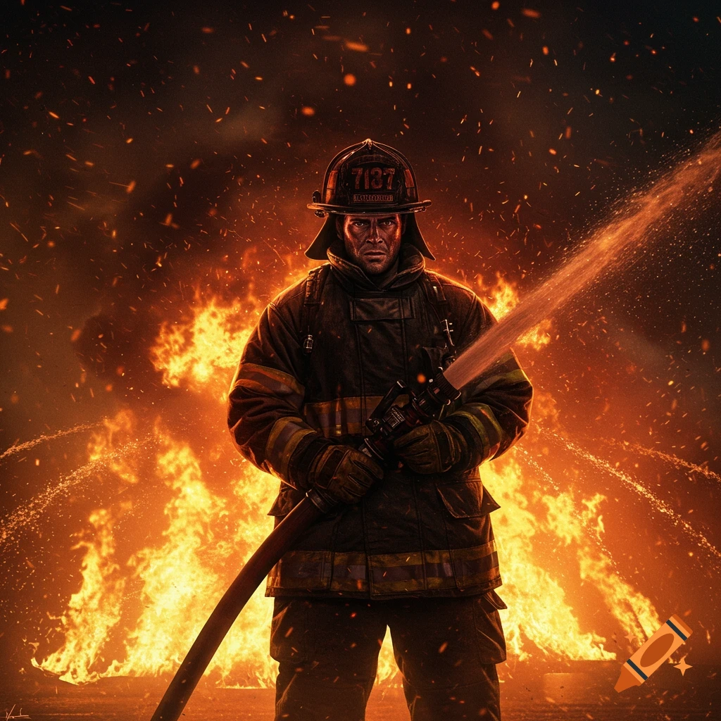 A photorealistic image of a determined firefighter in a dark suit and helmet battling a massive blaze with a hose, surrounded by fire and sparks.