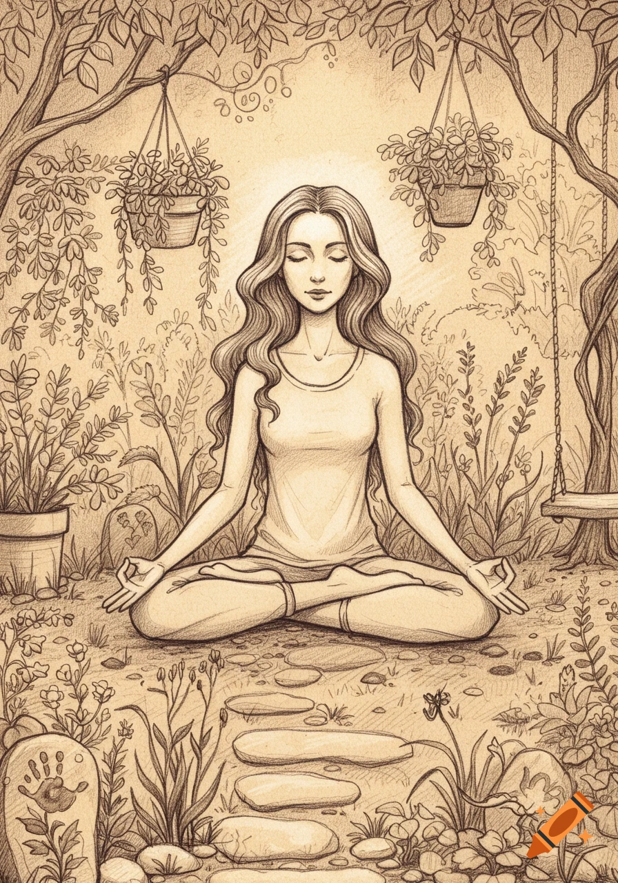 A sepia-toned pencil sketch of a woman meditating in a garden, surrounded by trees and plants.