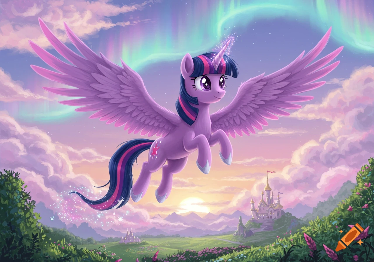 Purple alicorn flying in a pastel sky with aurora borealis over a fantasy landscape with a castle.