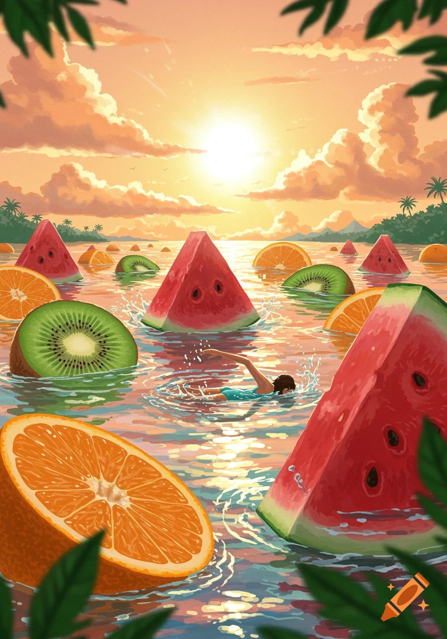 Illustrative scene of a person swimming in water surrounded by giant watermelon slices, orange halves, and kiwi slices at sunset.