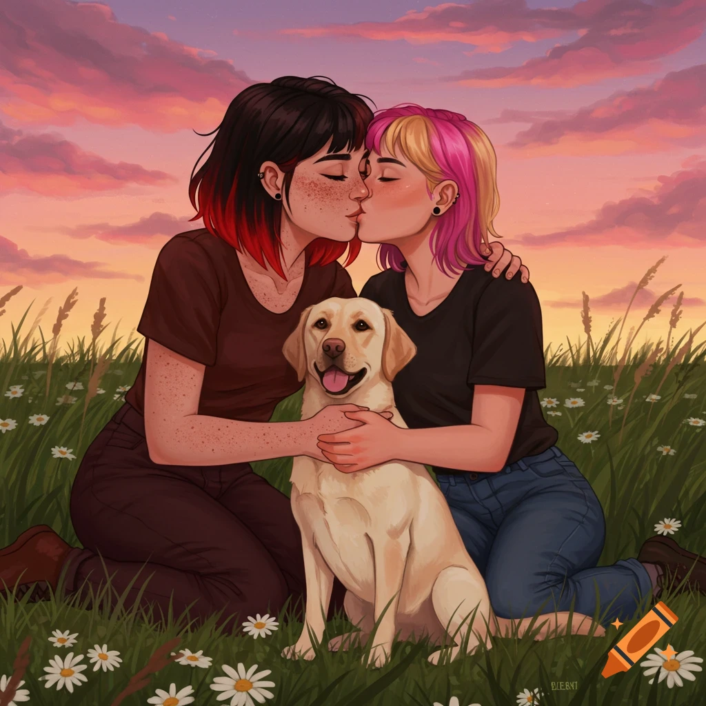 Two women, one with black and red hair, the other with pink and blonde hair, kiss while kneeling with a yellow Labrador in a field of daisies at sunset. Digital illustration.