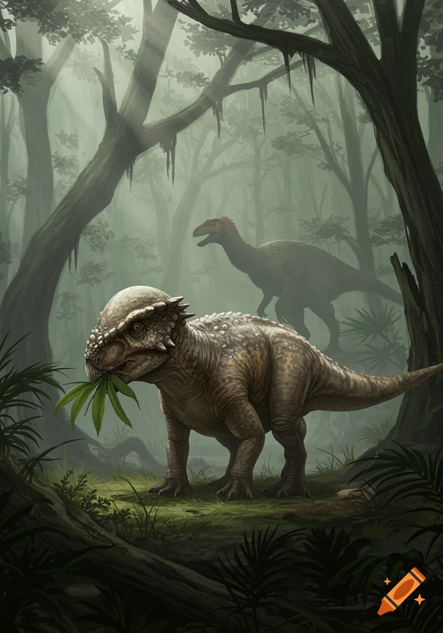 A Pachycephalosaurus eats leaves in a foggy forest, with a Therizinosaurus silhouette in the background.
