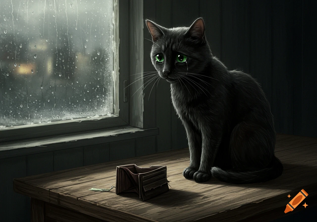 A black cat with green eyes sits on a wooden table, crying and looking at an empty wallet next to a rainy window.