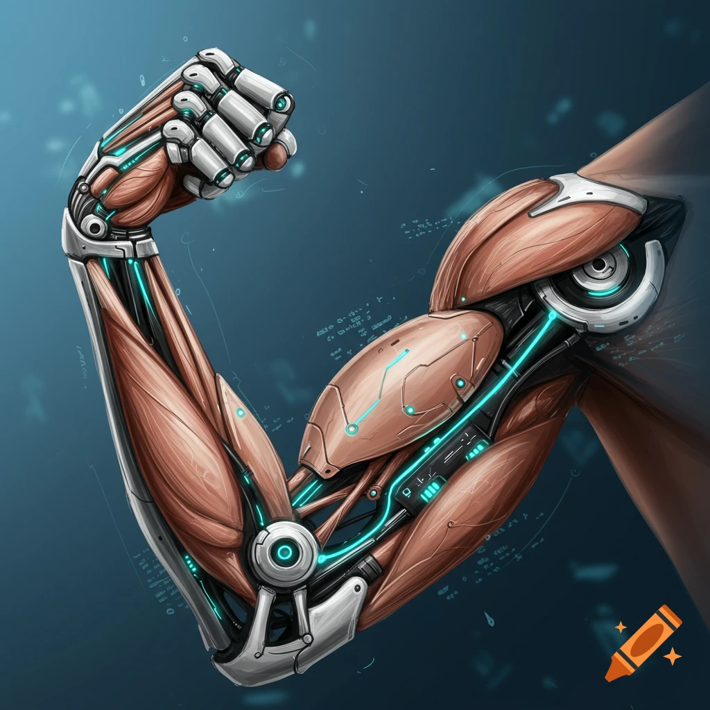 A detailed, futuristic bionic arm flexing, revealing both muscle tissue and glowing mechanical components against a blue background.