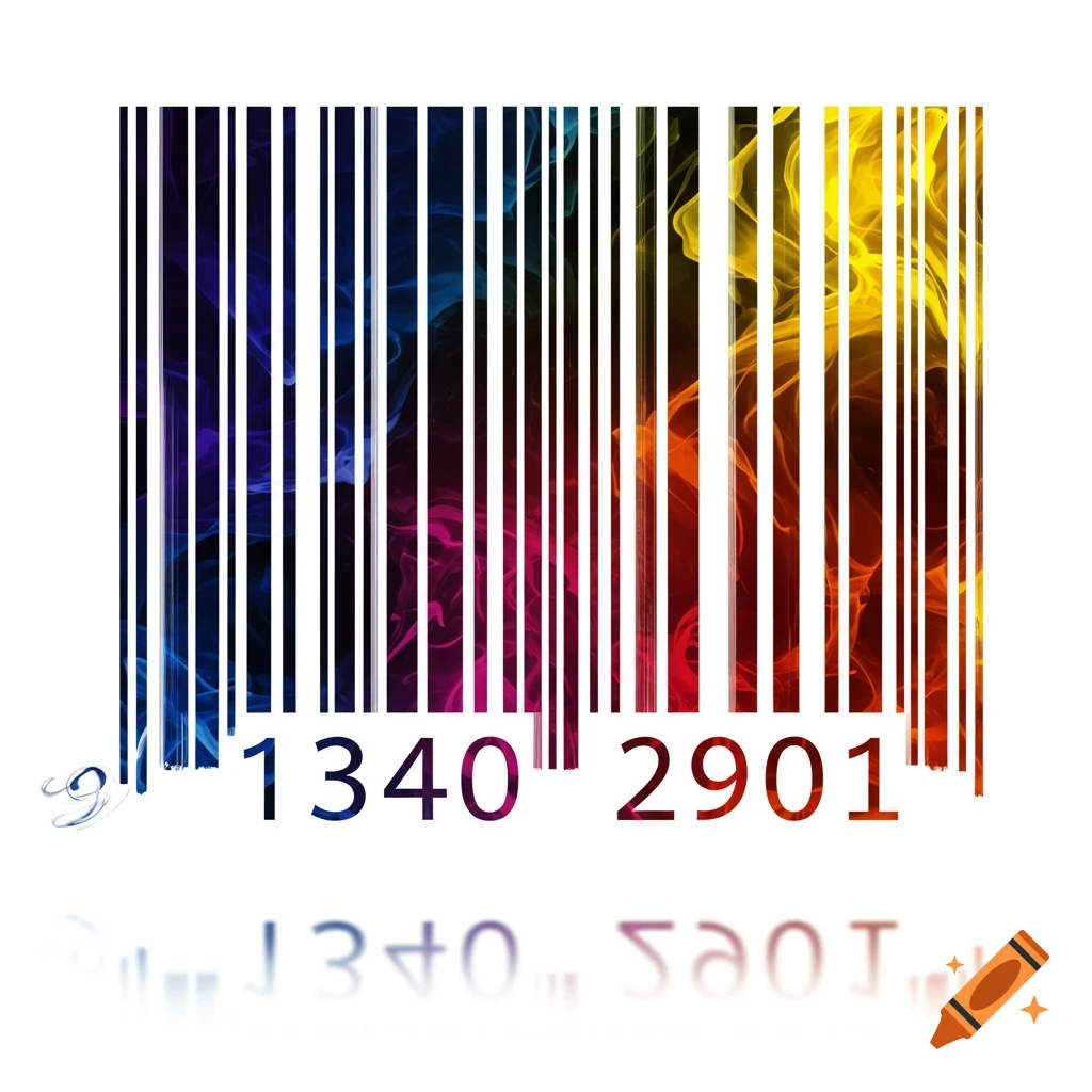 A barcode with vertical lines filled with colorful, abstract smoke in blue, purple, red, orange, and yellow hues, with numbers '1340 2901' below and a subtle reflection.