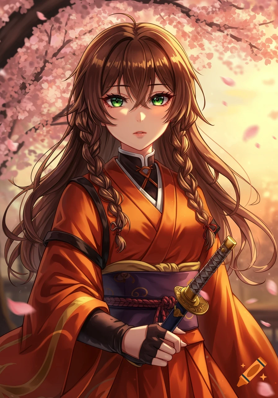 Anime girl with long brown braids, green eyes, in an orange kosode holding a katana under cherry blossoms.