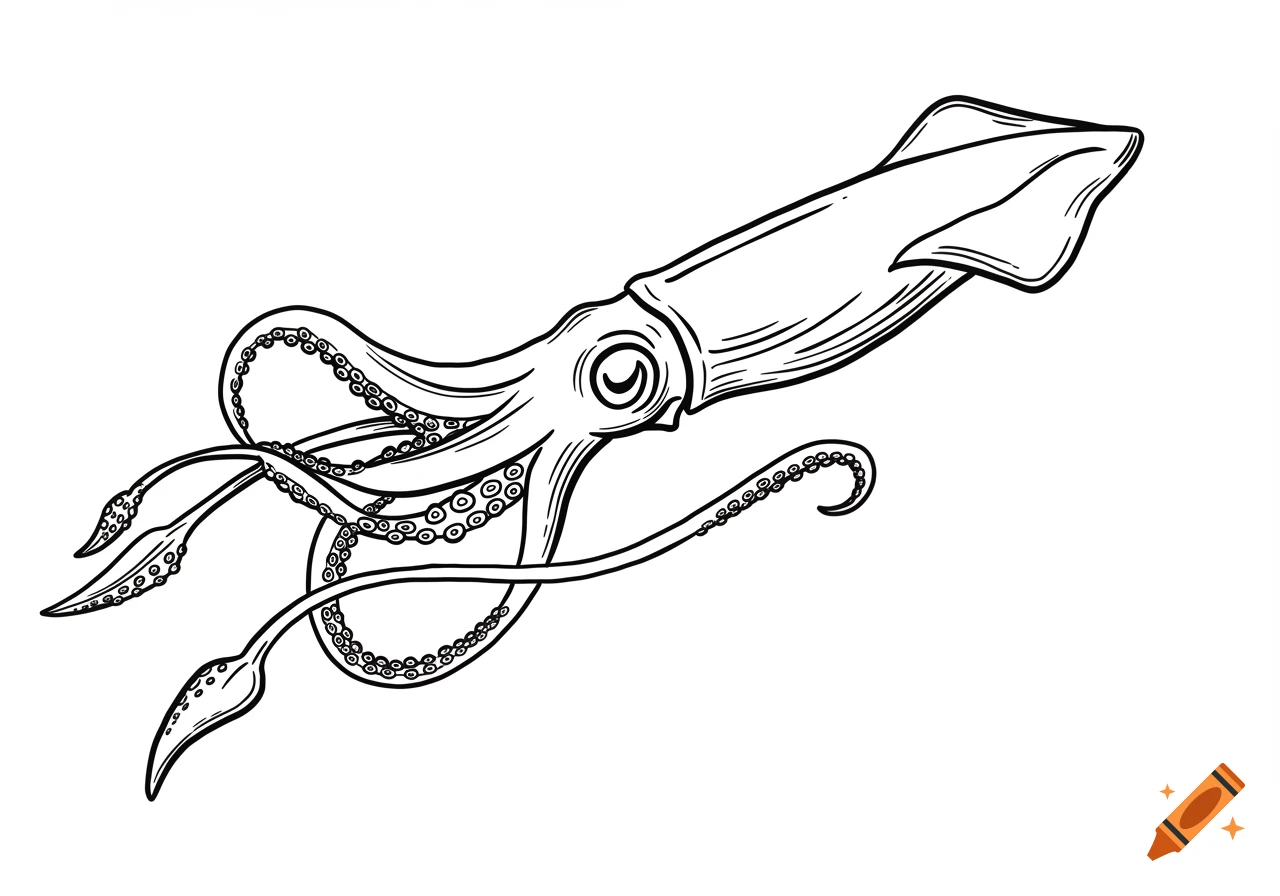 A black and white line art drawing of a squid.