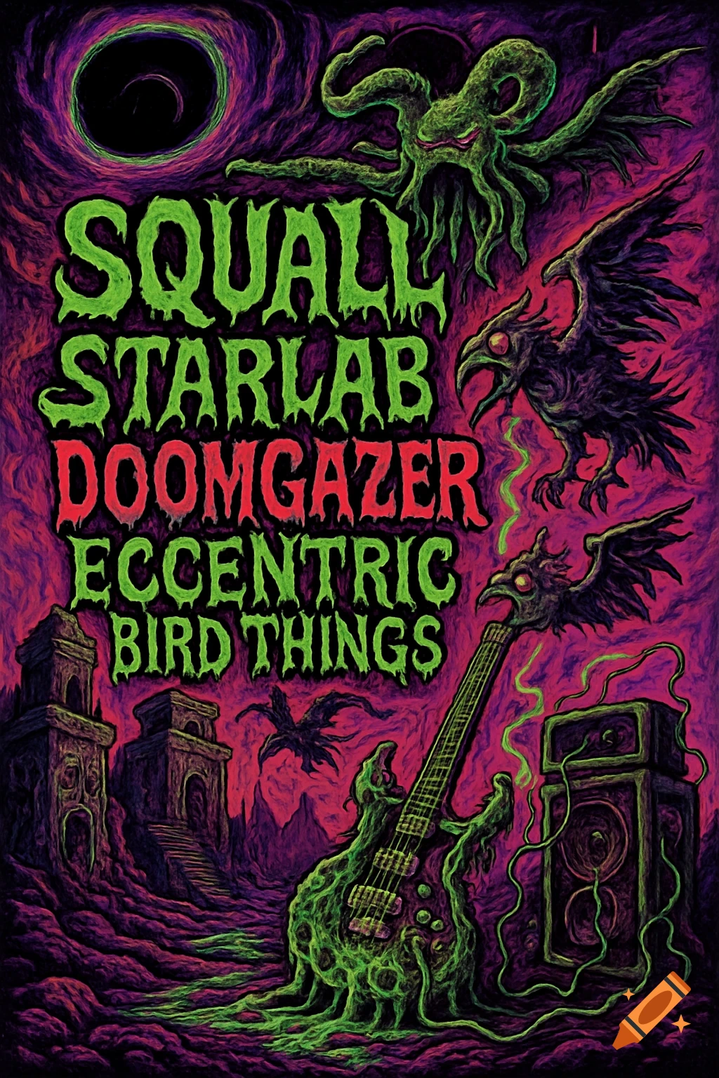 A vibrant, twisted psychedelic concert poster in neon purples, toxic greens, and deep reds. Features band names like Squall and Doomgazer, tentacled creatures, a black hole, crumbling temples, and a guitar oozing slime, all in a cosmic horror style.
