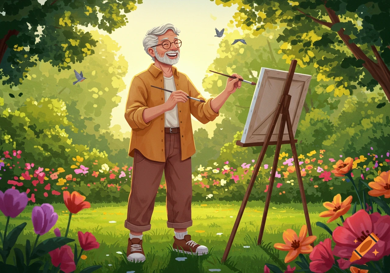 An elderly man with a beard and glasses happily paints on an easel in a vibrant, flowery garden under a bright sky, in an illustrative style.