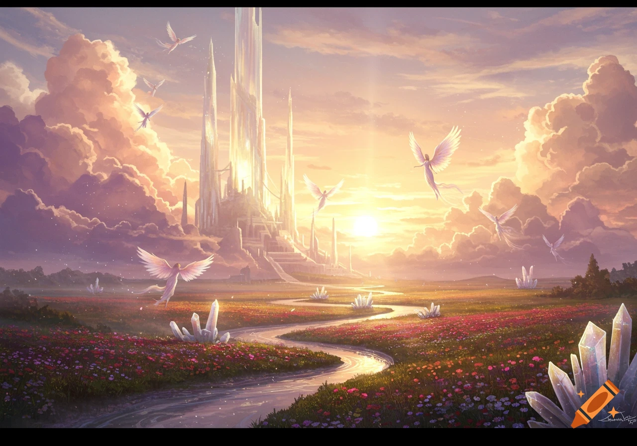 A serene fantasy landscape with a towering crystal castle, a winding river, and a field of colorful flowers under a vibrant sunset sky. Angelic figures with white wings fly above.