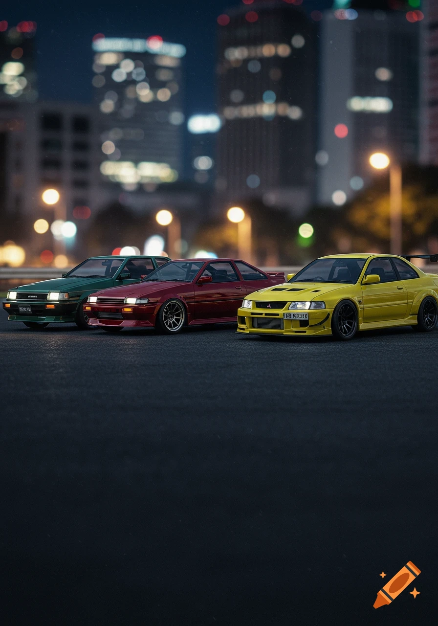 Three customized sports cars, green, red, and yellow, are parked on a street at night with a blurred city background.