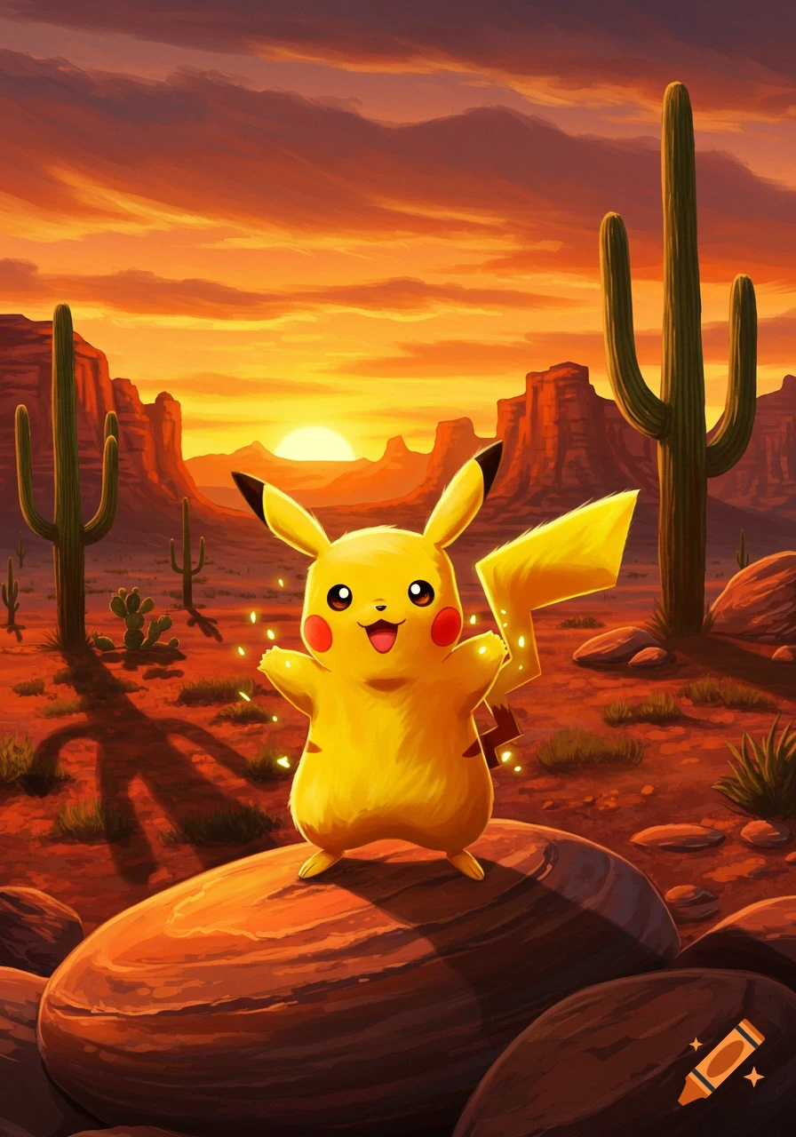 Pikachu stands smiling on a rock in a vibrant, colorful desert landscape with saguaro cacti and red mesas at sunset.