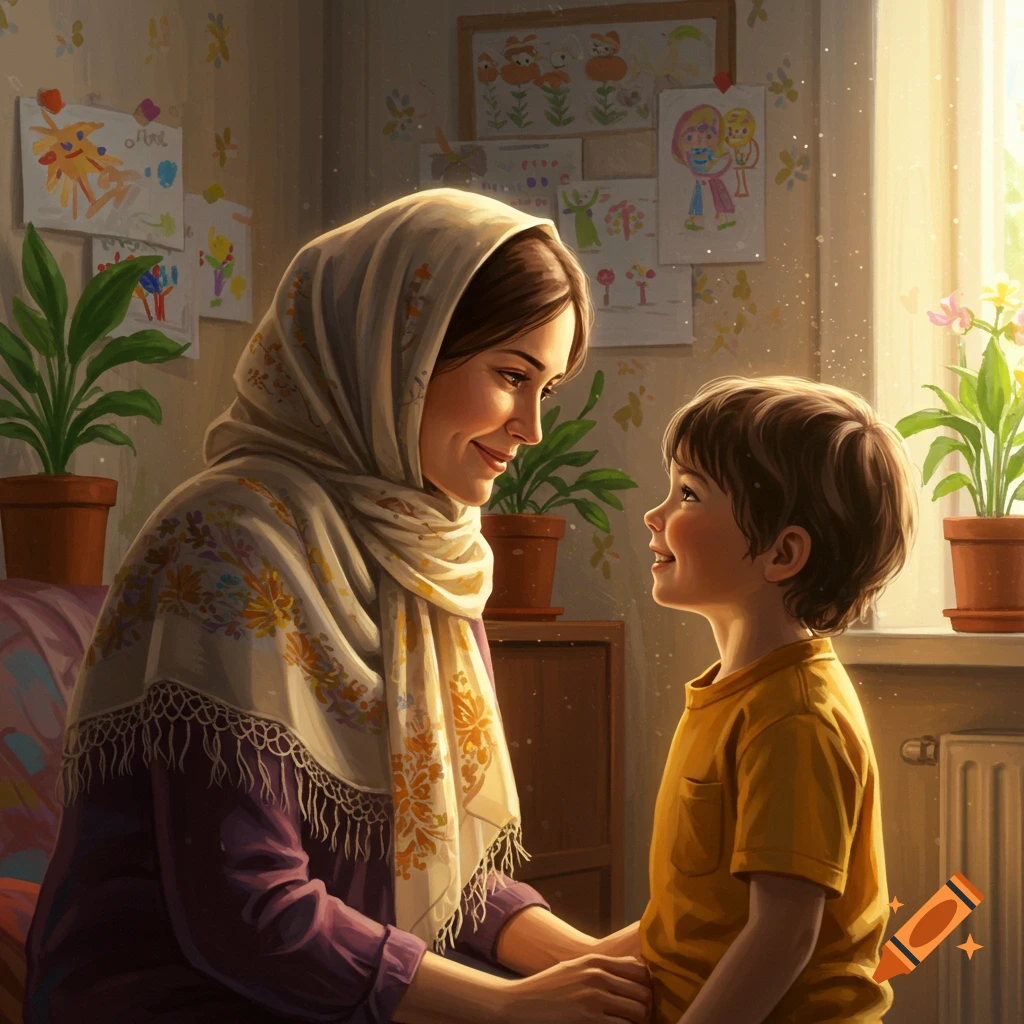 A mother wearing a headscarf looks lovingly at her young son in a warm, sunlit room with children's drawings on the wall.