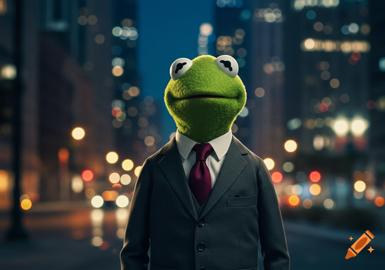 Photorealistic image of Kermit the Frog in a suit, standing in a city at night with blurred lights.