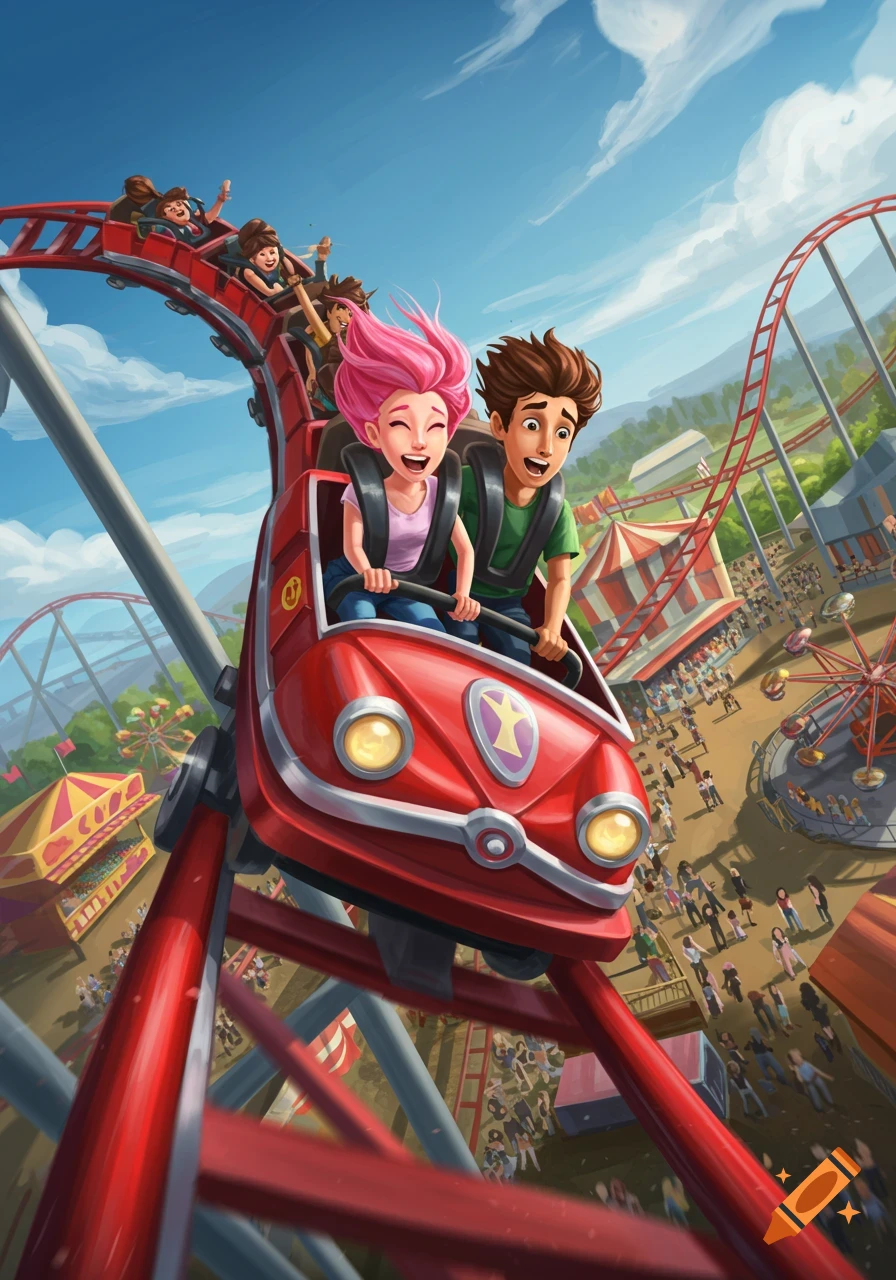 Two happy children ride a red roller coaster at an amusement park, with a carnival in the background, in an animated illustration style.