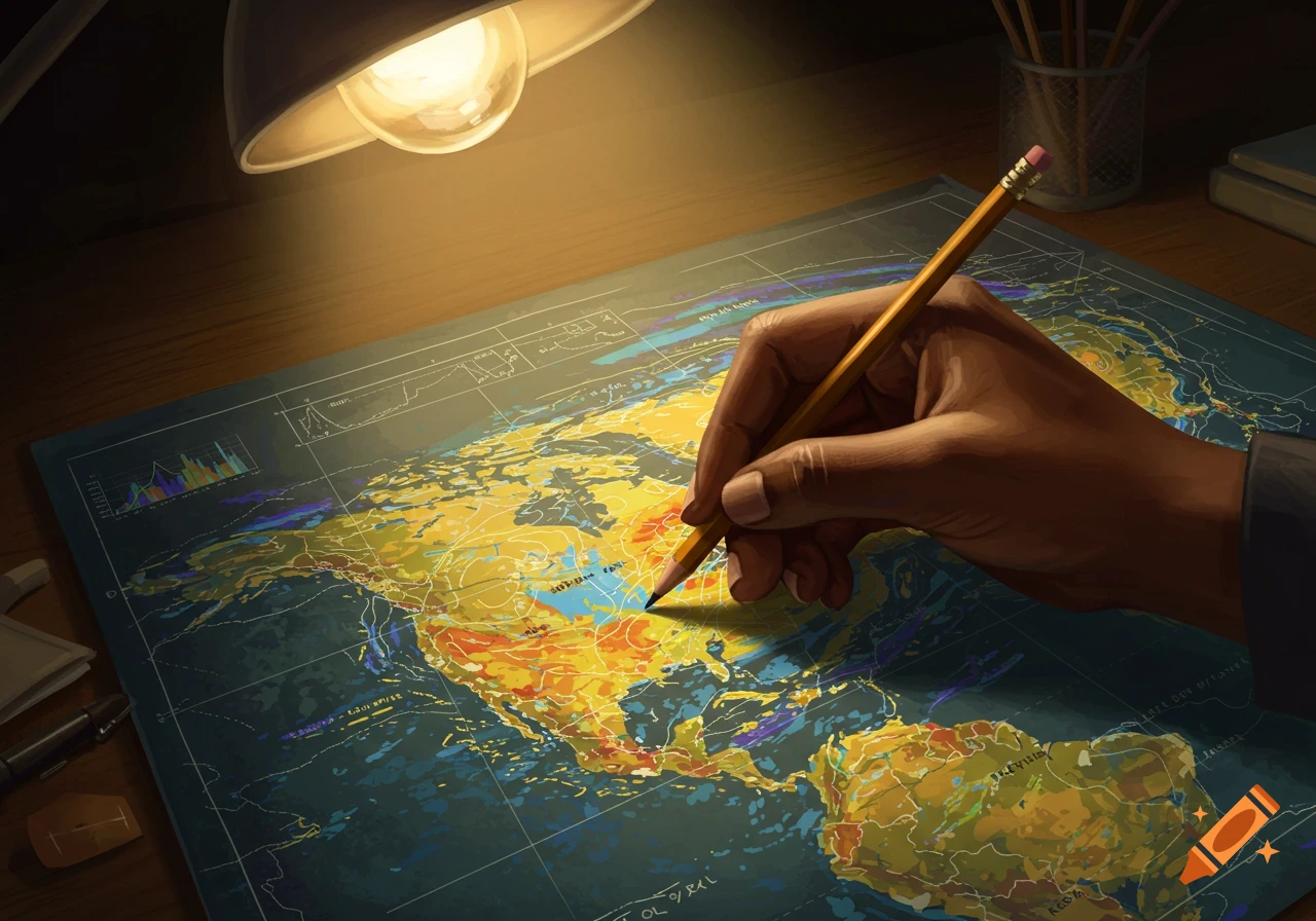 A close-up view of a dark-skinned hand holding a pencil and marking a world map illuminated by a desk lamp. The map shows various colored regions and some charts.