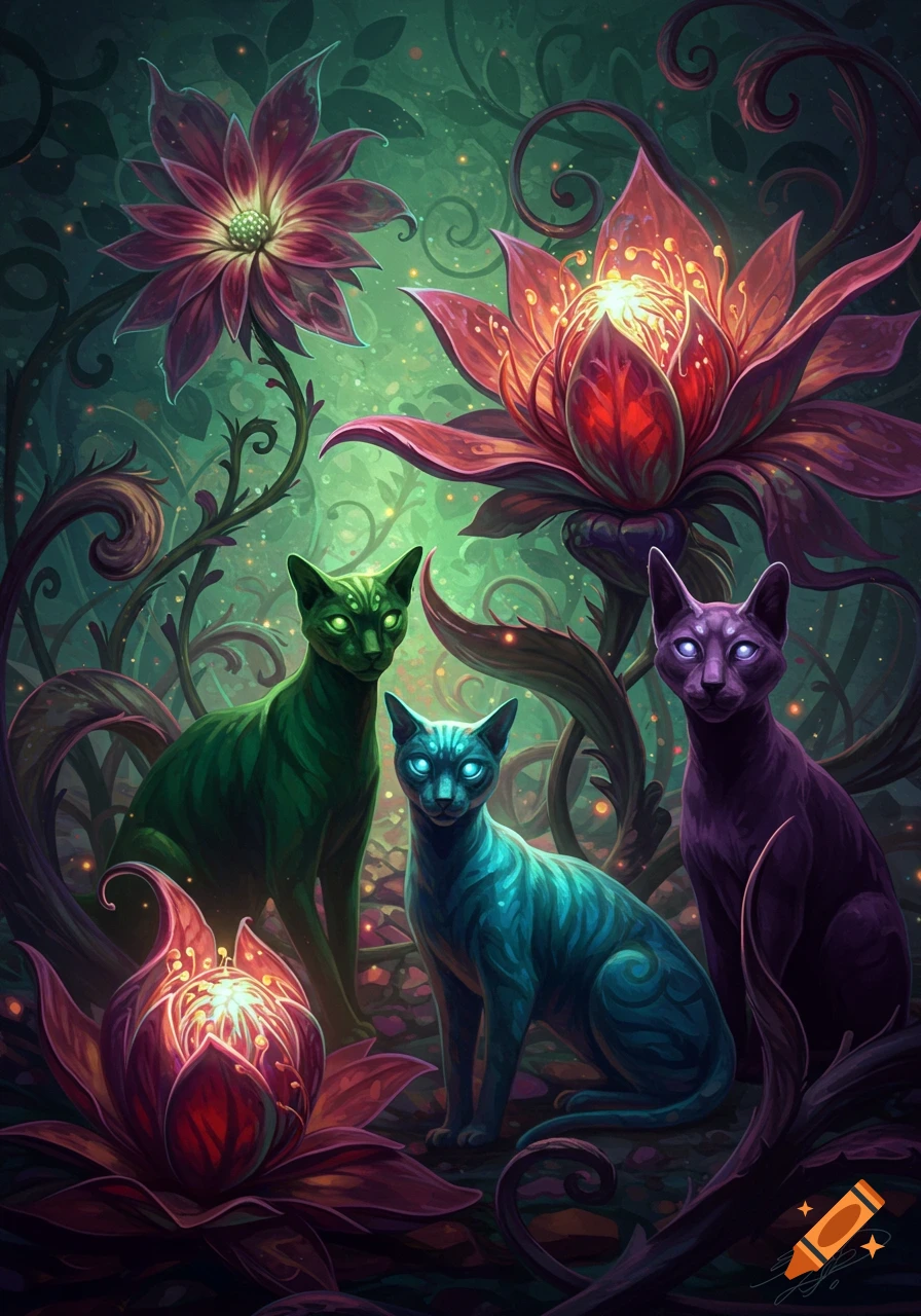 Three stylized cats with glowing eyes (green, blue, purple) in an enchanted forest with large, glowing fantasy flowers.
