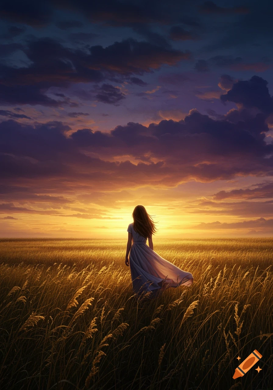 A lone girl in a flowing dress stands in a golden field, gazing at a dramatic sunset with purple and orange clouds.