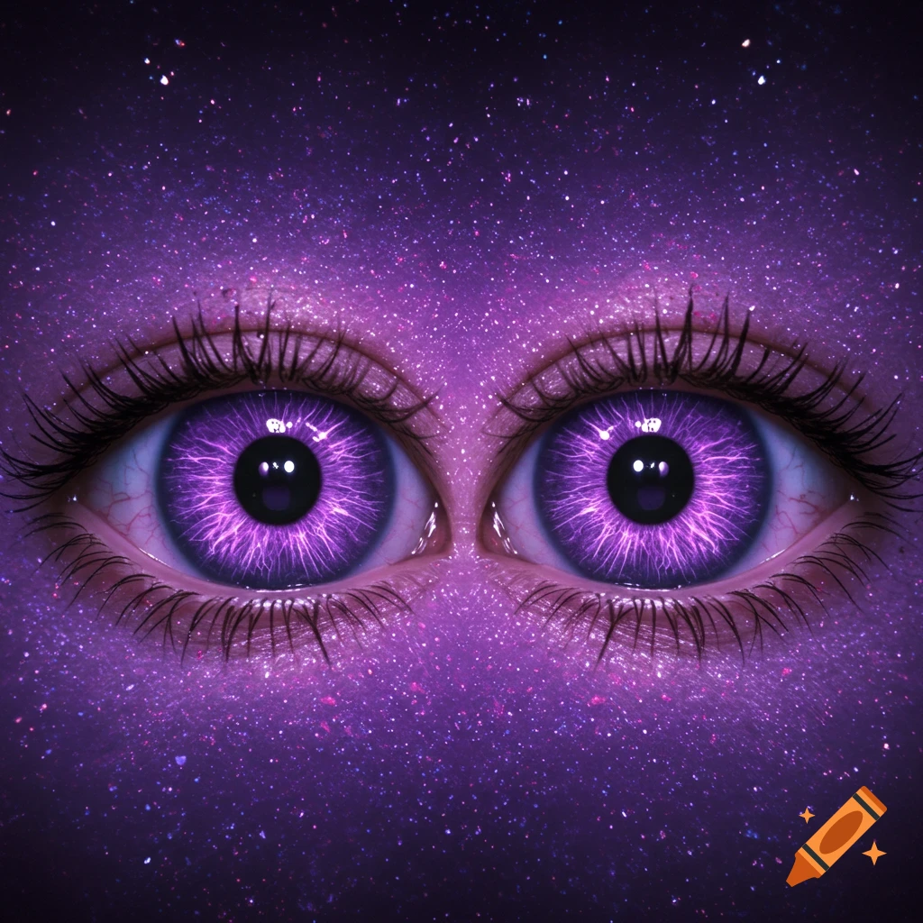 Close-up of vibrant purple eyes with kaleidoscopic irises against a cosmic, glitter-speckled purple background.