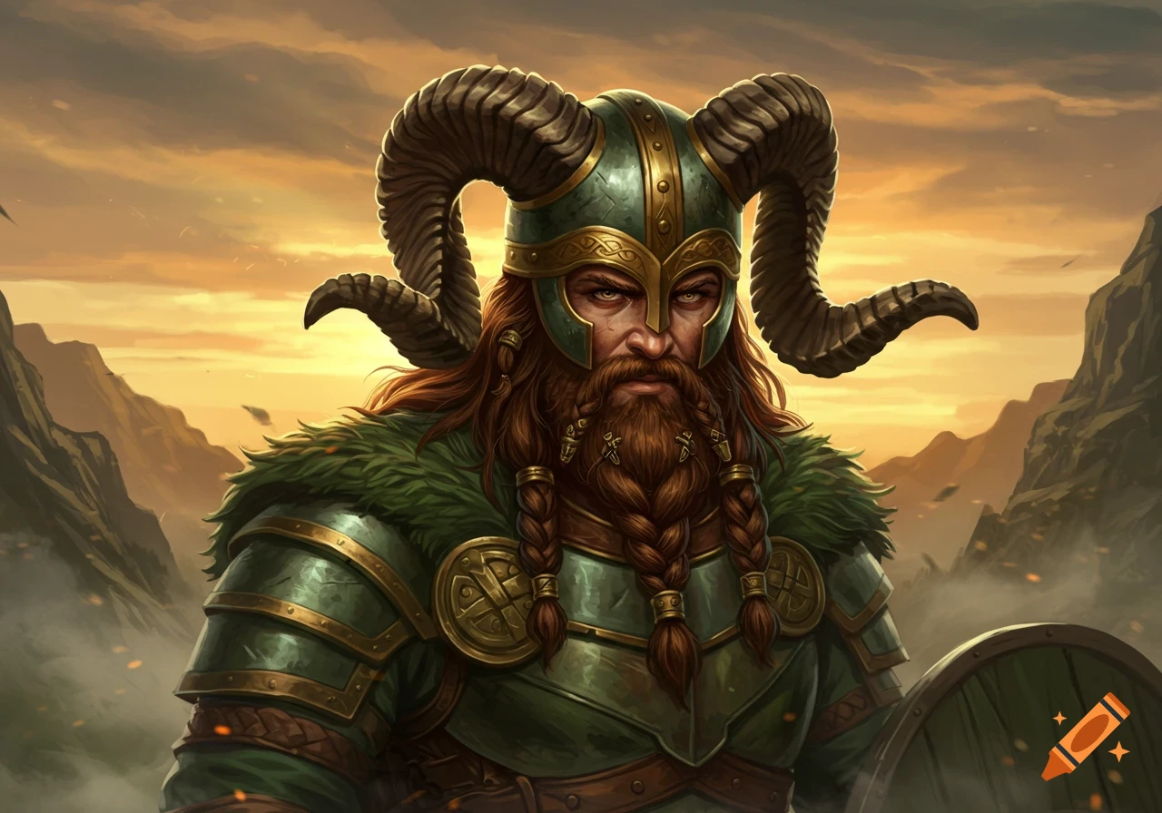 Close-up of a fierce Celtic warrior with a braided red beard, wearing a green ram horn helmet and armor, against a sunset mountain landscape.