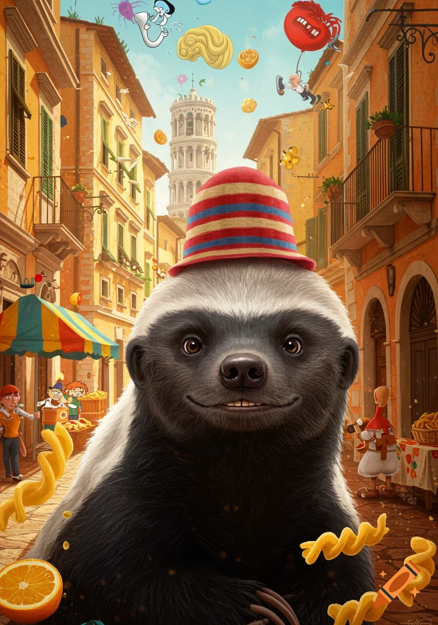 A whimsical honey badger in a striped hat on an Italian street with the Leaning Tower of Pisa and floating cartoon elements.