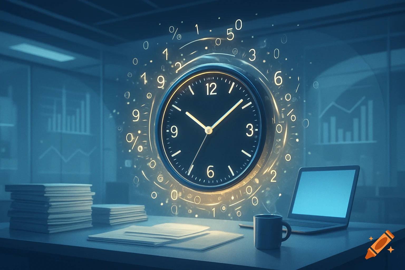 A glowing clock surrounded by floating numbers and symbols, centered above an office desk with a laptop, stacks of papers, and a mug, in a blue-toned office.