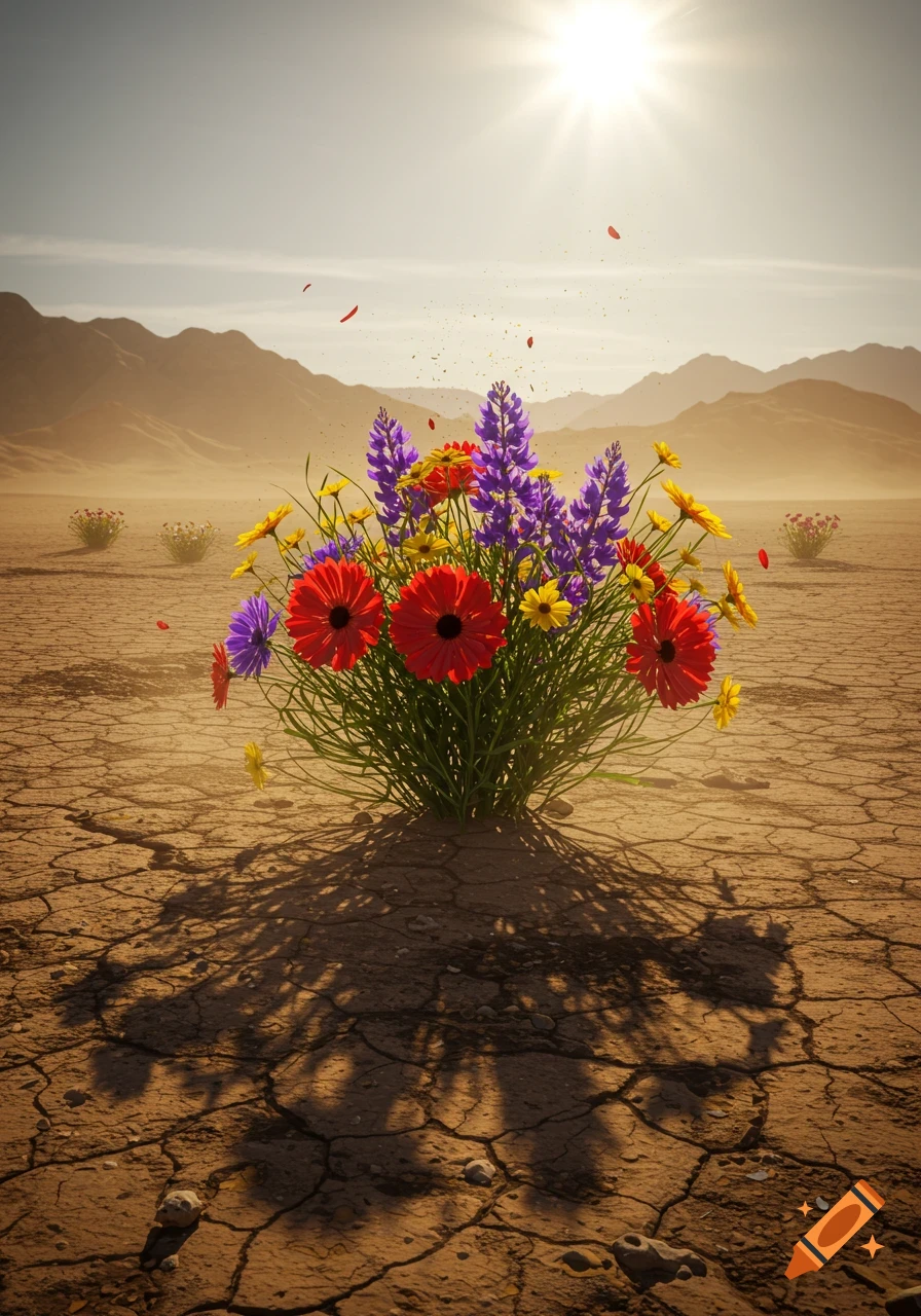 Vibrant red, yellow, and purple flowers bloom from cracked desert ground under a bright sun with mountains in the background.