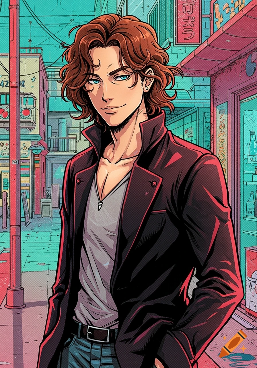 An anime-style portrait of a handsome young man with brown, shoulder-length hair and blue eyes, wearing a black jacket, standing on a vibrant city street.