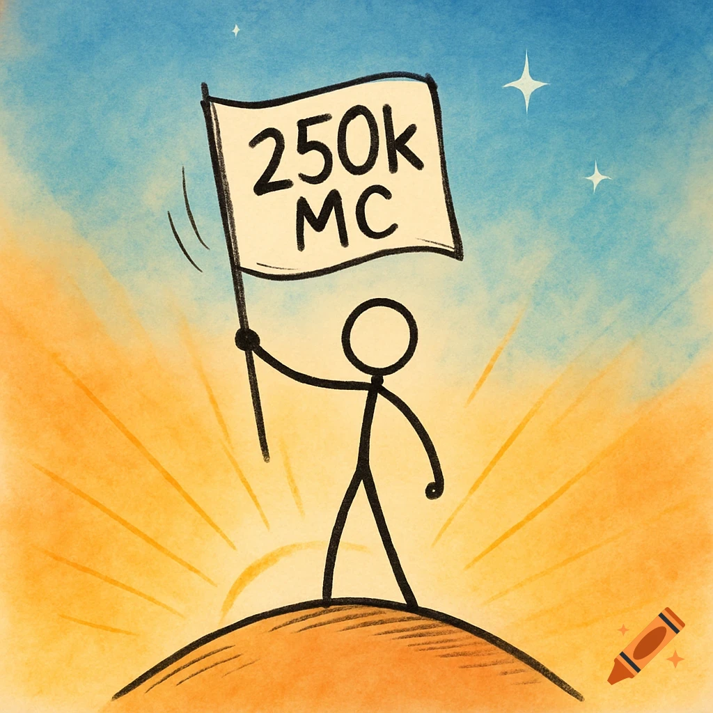 A stick figure stands on a hill holding a flag with '250k MC' written on it, against a sunrise background in a watercolor style.