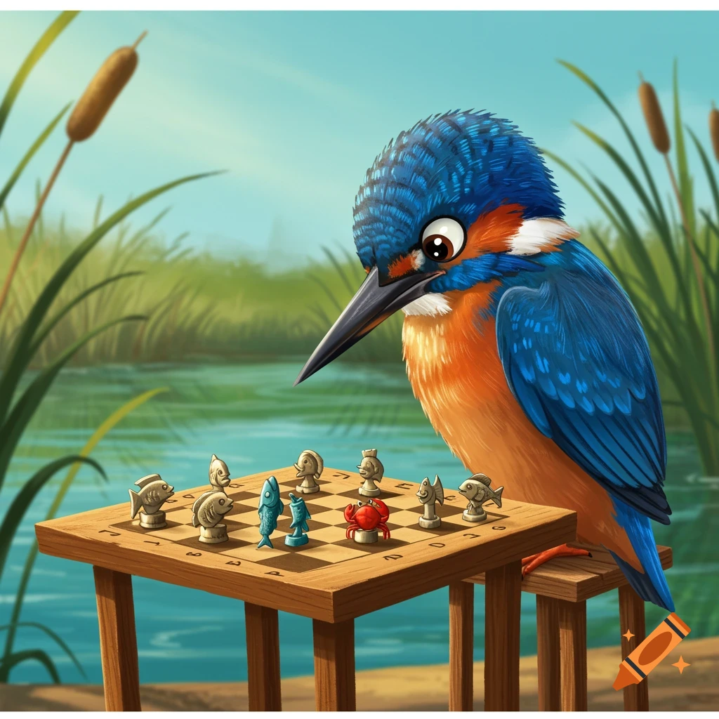 A cartoon kingfisher plays chess on a wooden board by a pond, with chess pieces shaped like fish and a red crab.