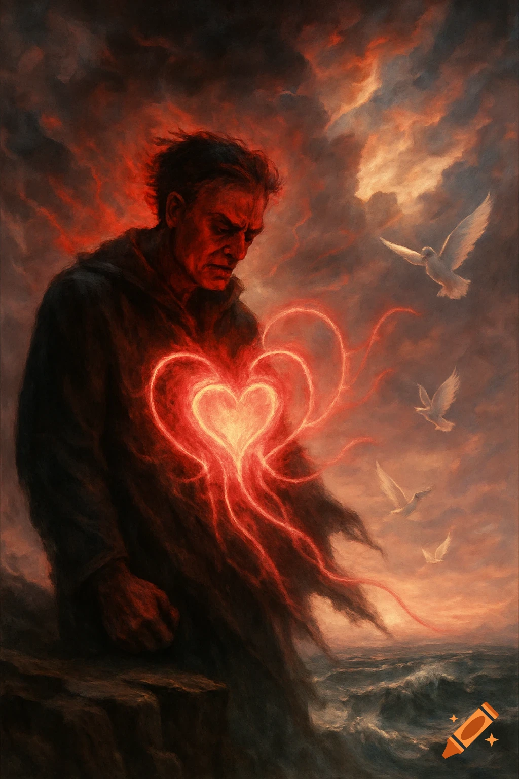 Painting of a man with a glowing red heart on his chest, standing by a stormy sea under a fiery sky, with white doves flying.