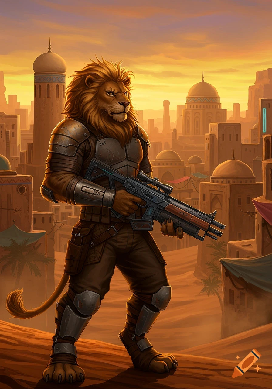 An anthropomorphic lion bounty hunter in armor holds a rifle while standing in a desert city at sunset. The art style is painterly and detailed.