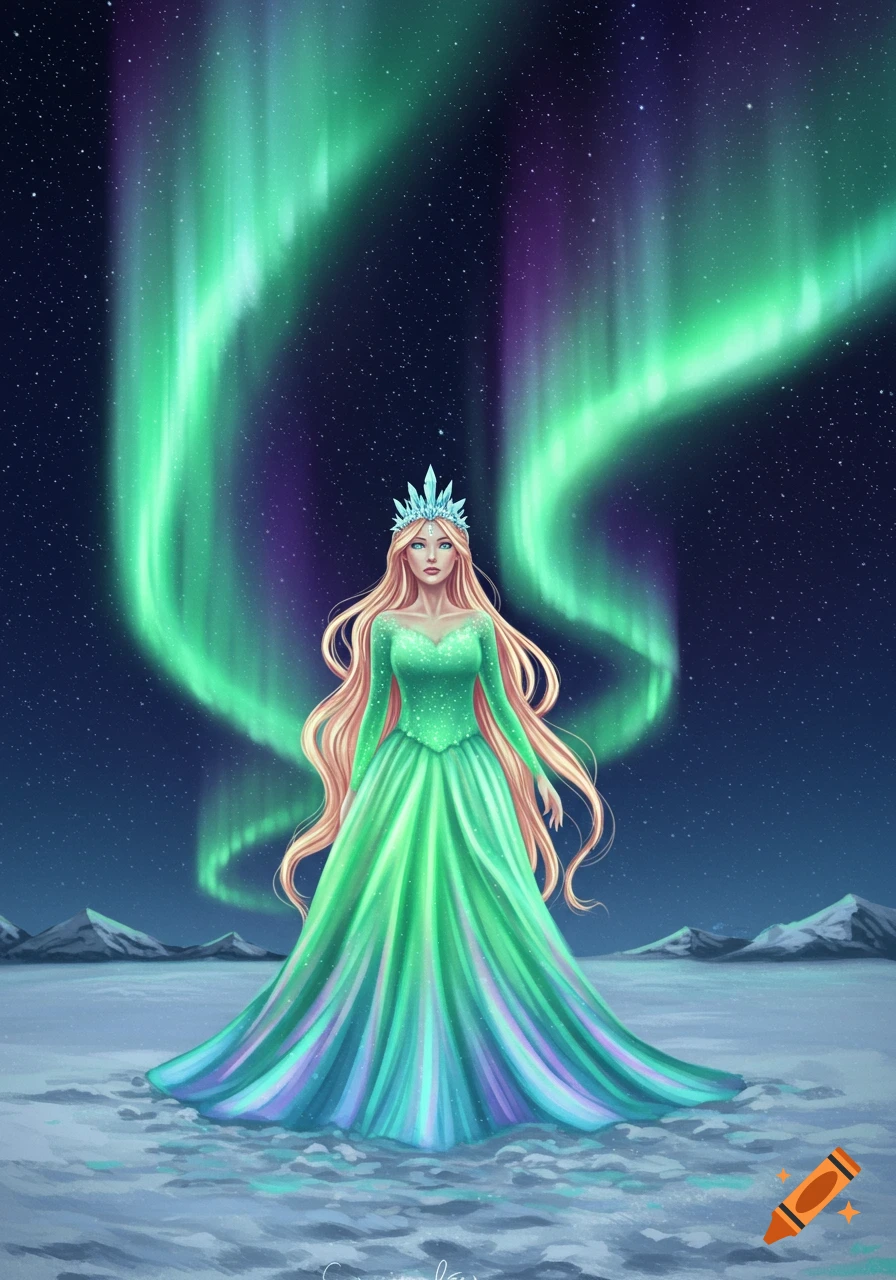 A fantastical illustration of a queen with long blonde hair and a green and blue dress, standing in a snowy landscape under vibrant green aurora borealis.