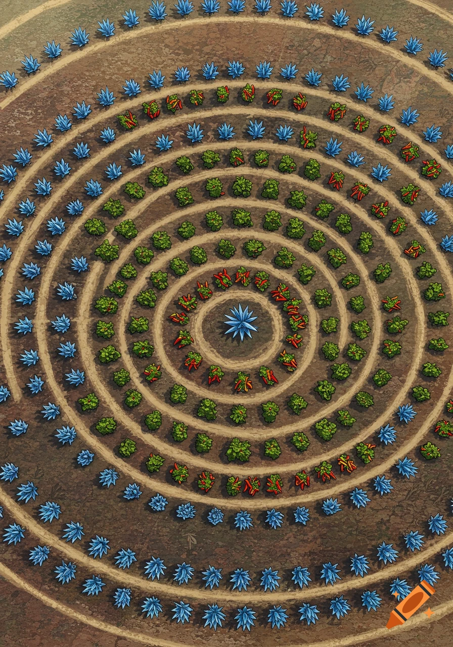 Bird's eye view of a circular spiral farm design with rows of blue agave plants, green foliage, and red chili peppers on brown soil.