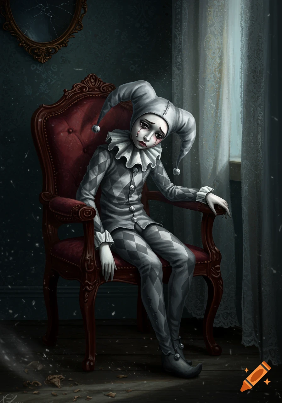 A sad grey harlequin doll with a white ruff sits on a red velvet armchair in a dimly lit room with a broken mirror.